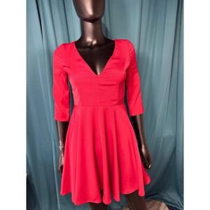 LuLu's Red Fit and Flare Dress V-Neck 3/4 Sleeve Party Cocktail Size S